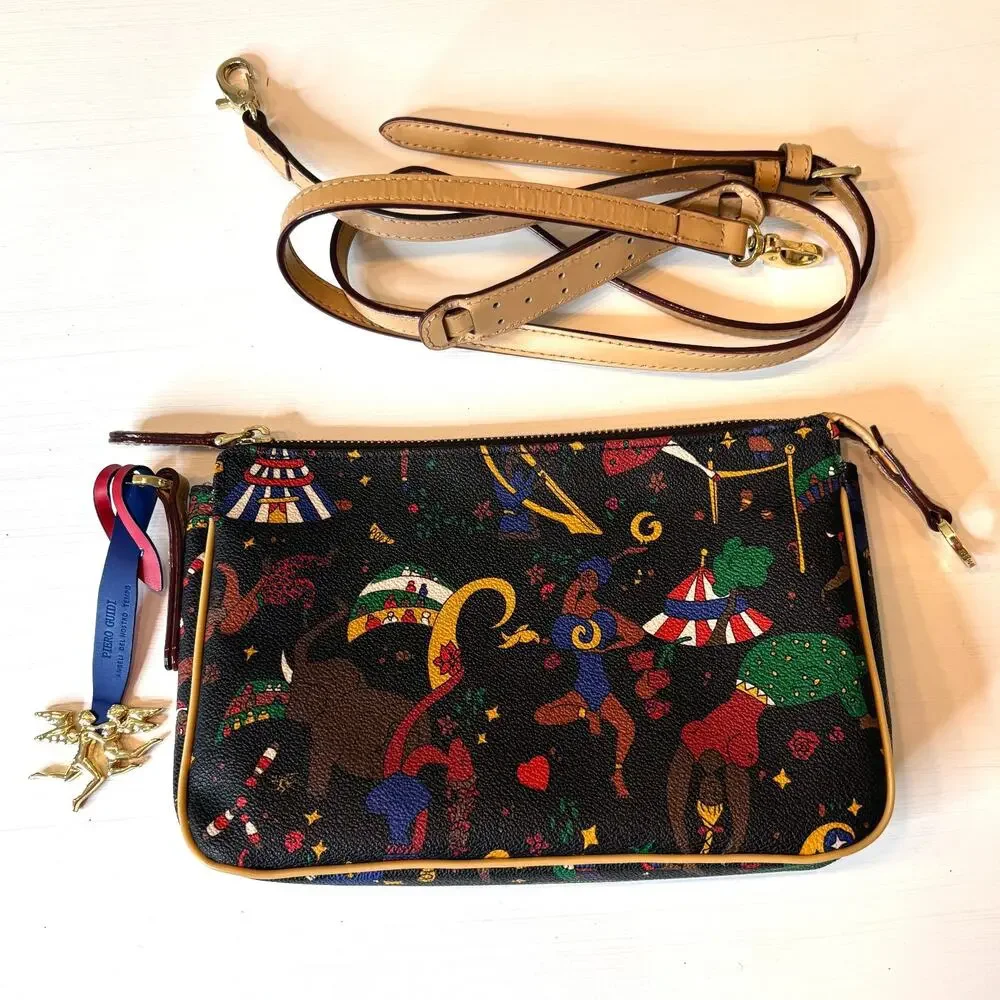 Piero Guidi Magic Circus Crossbody Bag Black Circus Print Cherub Charm Italy